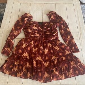 House of Harlow 1960 Rust and Gold Patterned Ruffle Dress Medium
